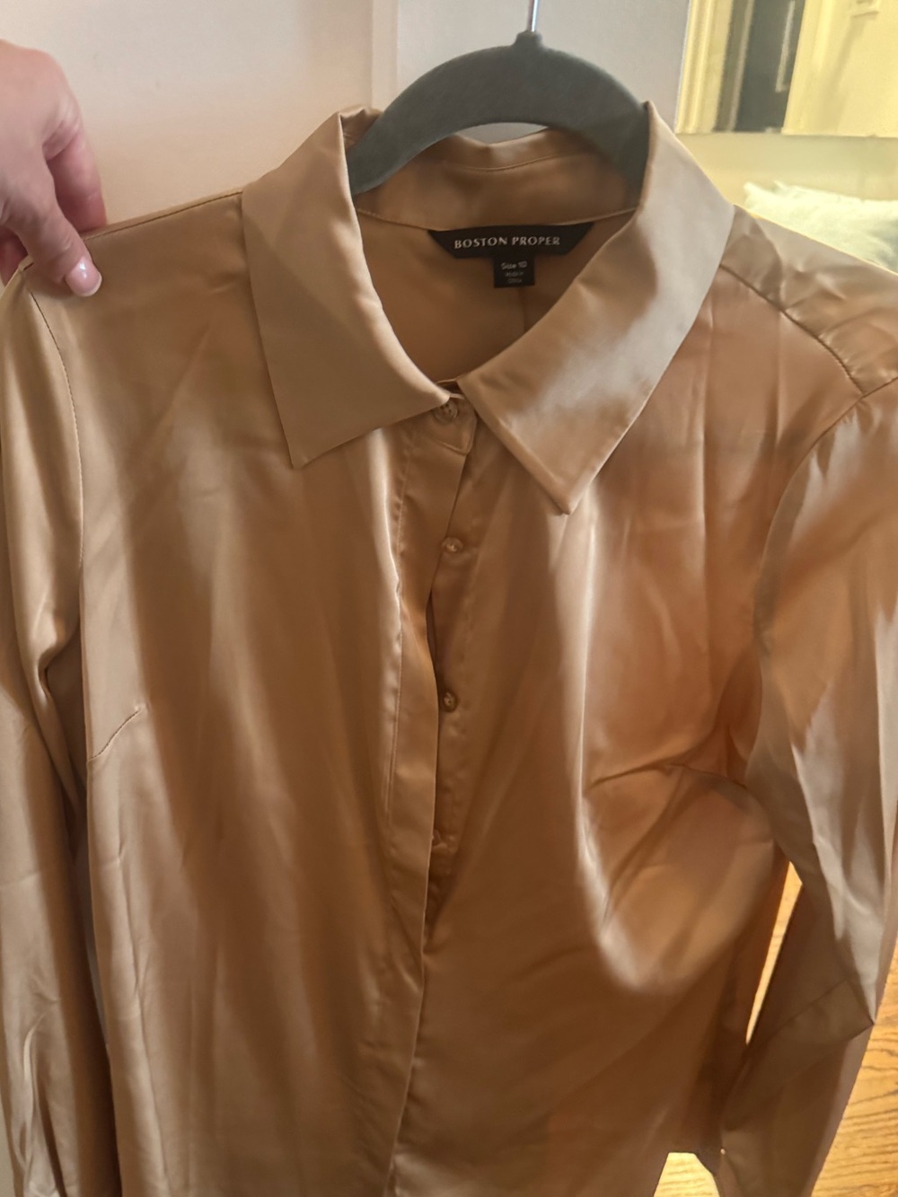 Boston Proper Satin Button-Up Blazer Jacket — Camel/Tan